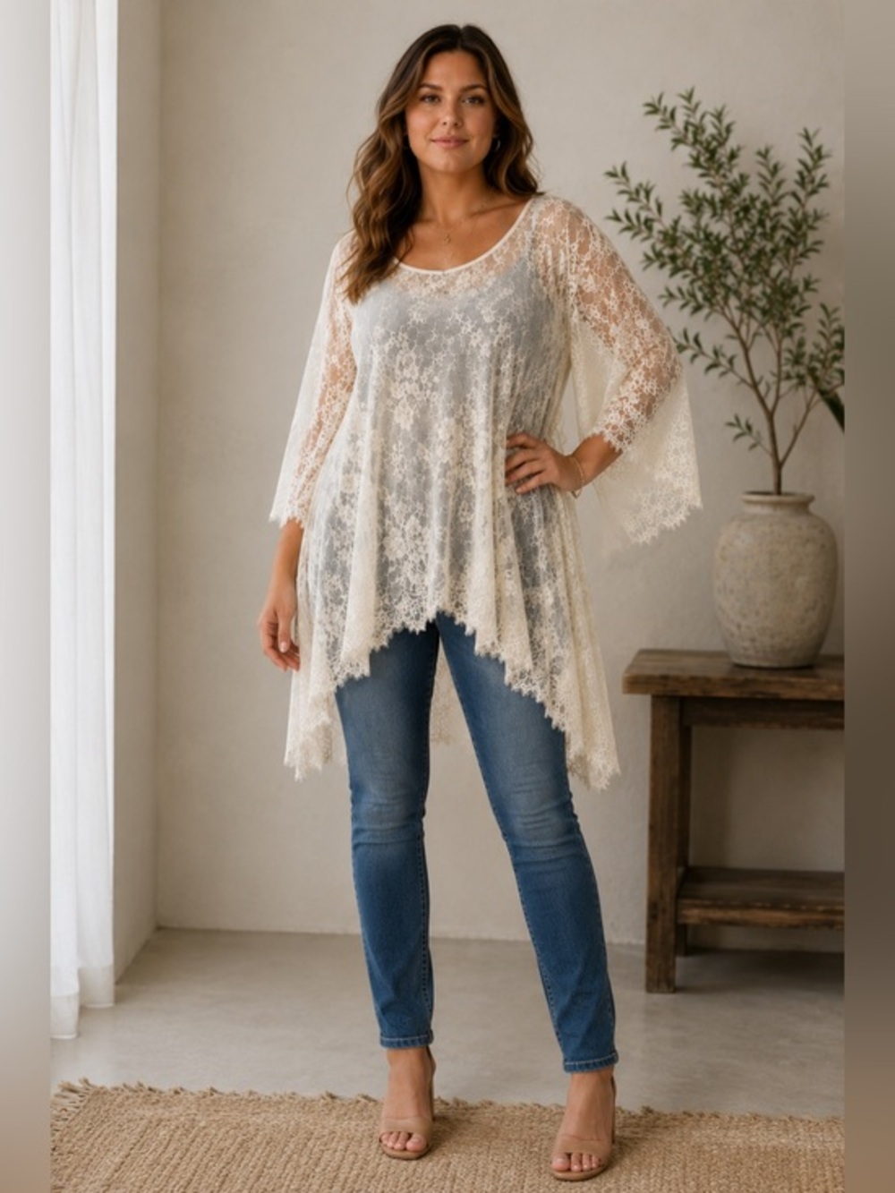 Vintage Ivory Lace Sheer Tunic Top Oversized Romantic Boho Size XL/1X